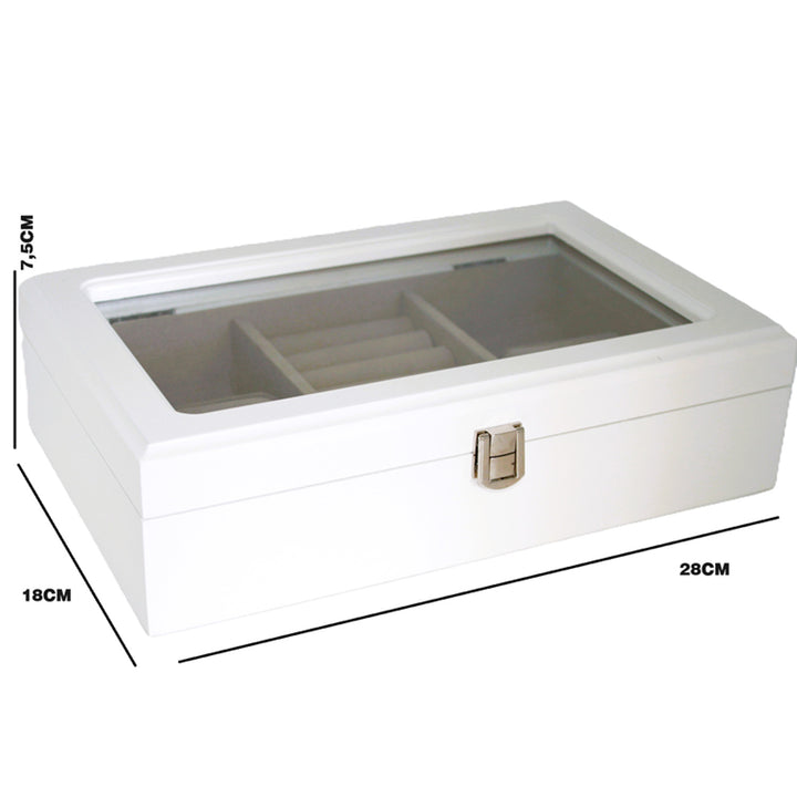 Szkatułka na biżuterię, drewniana, biała, organizer, przegródki, szklane wieczko, Queen Isabel