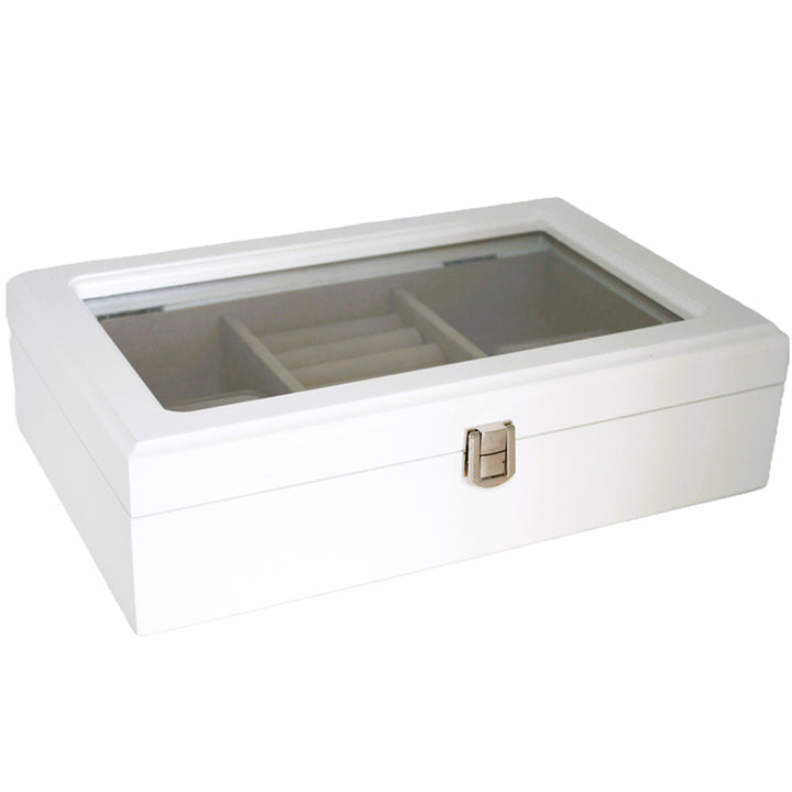 Szkatułka na biżuterię, drewniana, biała, organizer, przegródki, szklane wieczko, Queen Isabel