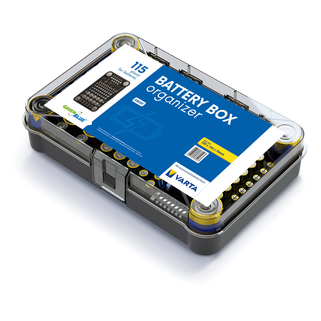 Organizer na baterie GreenBlue, przezroczysta pokrywa, 115 miejsc, Varta Box GB189, 3 sztuki