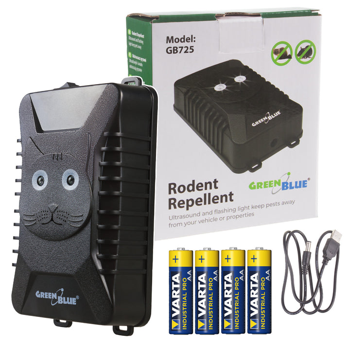 Odstraszacz gryzoni i kun GreenBlue GB725 z ultradźwiękami i diodami LED + 4x bateria AA Varta Industrial