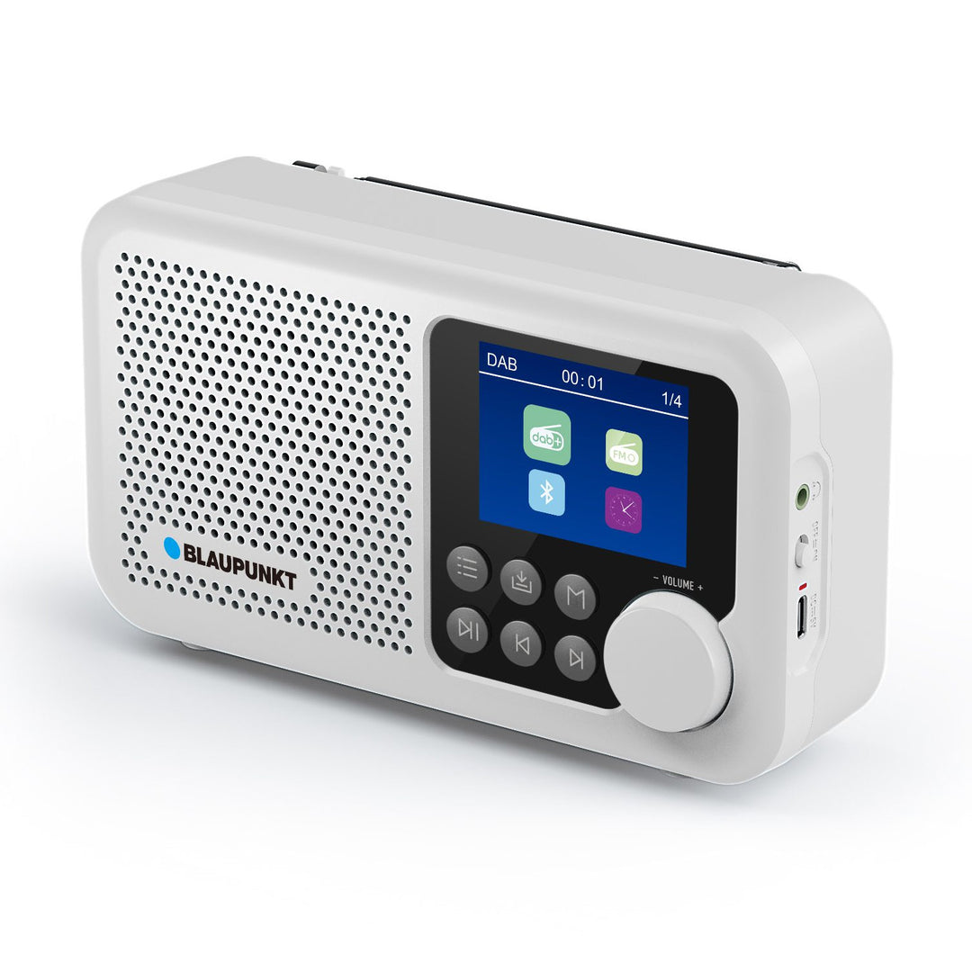 Przenośny radioodtwarzacz Blaupunkt, cyfrowe radio DAB+ i tuner FM, Bluetooth, wyjście słuchawkowe, 2,4 calowy kolorowy wyświetlacz, funkcja zegaru i alarmu, zasilany akumulatorem i ładowany przez USB-C, DR8WH