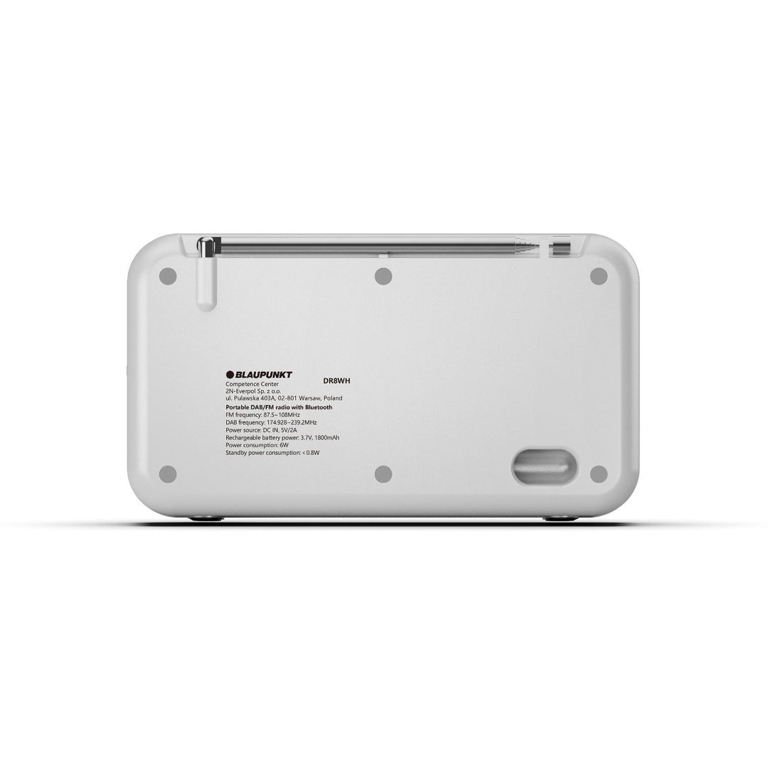 Przenośny radioodtwarzacz Blaupunkt, cyfrowe radio DAB+ i tuner FM, Bluetooth, wyjście słuchawkowe, 2,4 calowy kolorowy wyświetlacz, funkcja zegaru i alarmu, zasilany akumulatorem i ładowany przez USB-C, DR8WH