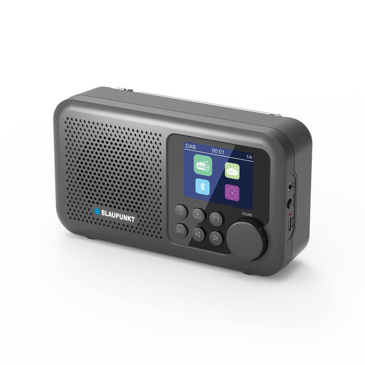 Przenośny radioodtwarzacz Blaupunkt, cyfrowe radio DAB+ i tuner FM, Bluetooth, wyjście słuchawkowe, 2,4 calowy kolorowy wyświetlacz, funkcja zegaru i alarmu, zasilany akumulatorem i ładowany przez USB-C, DR8BK