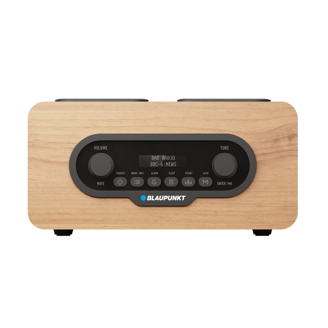 Przenośny radioodtwarzacz Blaupunkt, cyfrowe radio DAB+ i tuner FM, Bluetooth, wyjście słuchawkowe, odtwarzacz USB i microSD, wyświetlacz LCD, funkcja zegara i alarmu, zasilany akumulatorem ładowanym przez USB-C, DR10CR