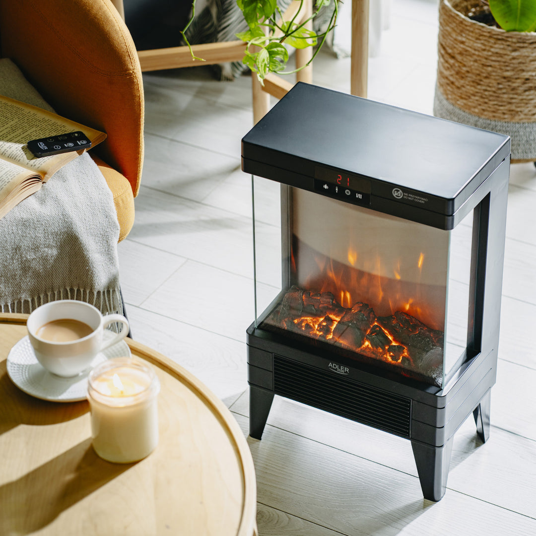 Kominek elektryczny LED z pilotem, 2 moce grzania 1000W/2000W, termostat, Adler AD 7755