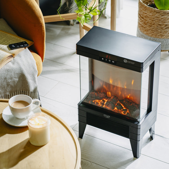 Kominek elektryczny LED z pilotem, 2 moce grzania 1000W/2000W, termostat, Adler AD 7755
