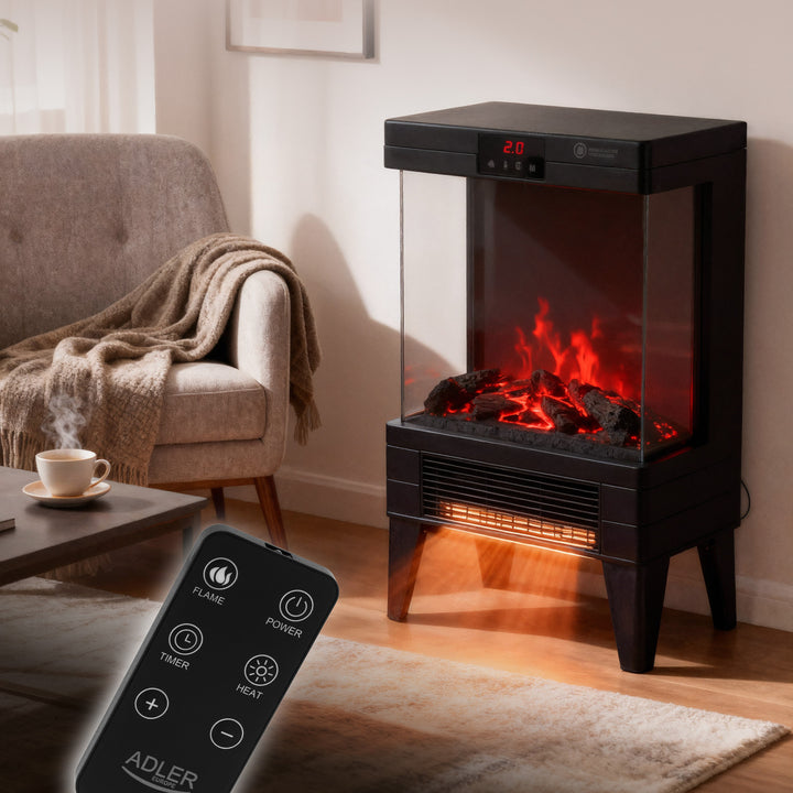 Kominek elektryczny LED z pilotem, 2 moce grzania 1000W/2000W, termostat, Adler AD 7755