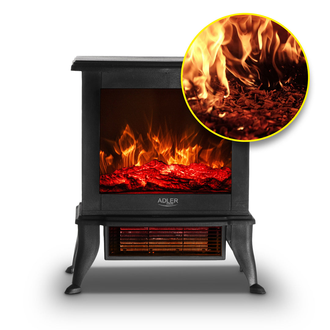 Kominek elektryczny Adler, 2 poziomy grzania, moc maks. 1800W, termostat, efekt płomienia 3D, AD 7754