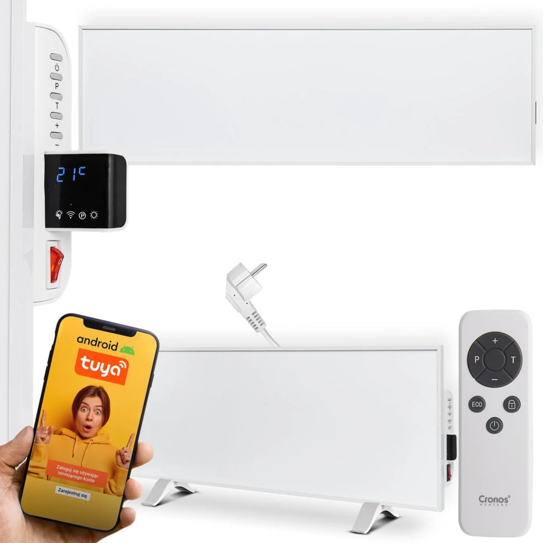 Grzejnik na podczerwień Cronos, 330W, kolor biały, przyjazny alergikom, ultracienki, matowa powierzchnia, ogrzewa powierzchnię do 12m2, Synthelith PRO CRP-330TWP White