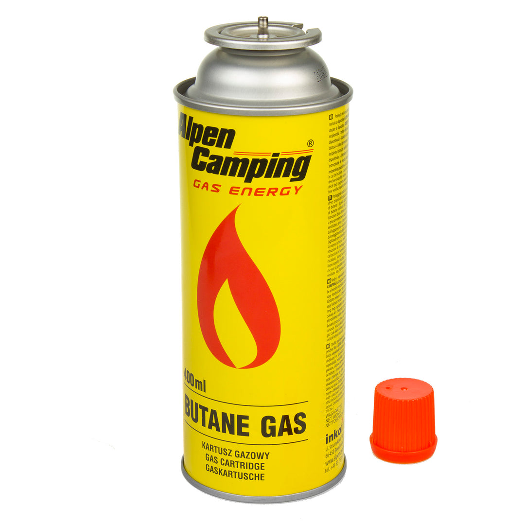 Kartusz gazowy 400ml Alpen Camping. certyfikat: Pi 0875, zgodny z normą EN417, izobutan, zakres działania -10°C do+ 40°C, IK004, 3 sztuki