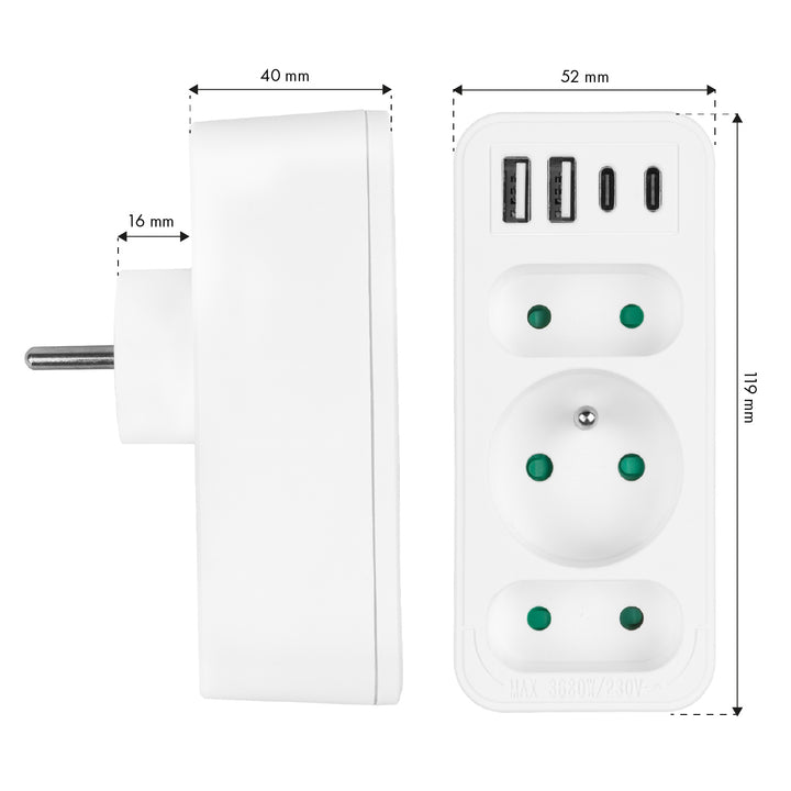 Gniazdko prądowe x3 + 4xUSB Maclean, rozgałęźnik z 3 gniazdami, 2xUSB A, 2xUSB C PD 20W, 1x16A + 2x6A, MCE248 F/W, 2 sztuki