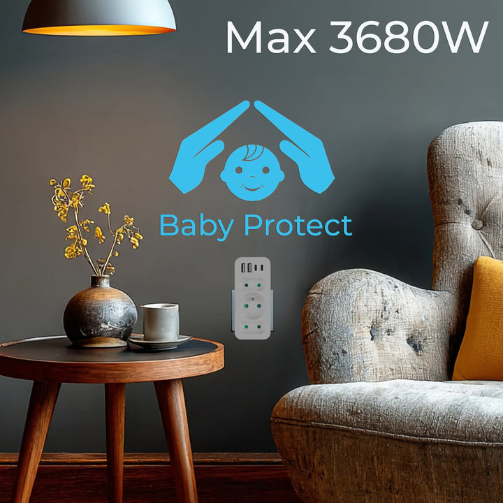 Gniazdko prądowe x3 + 4xUSB Maclean, rozgałęźnik z 3 gniazdami, 2xUSB A, 2xUSB C PD 20W, 1x16A + 2x6A, MCE248 F/W, 2 sztuki