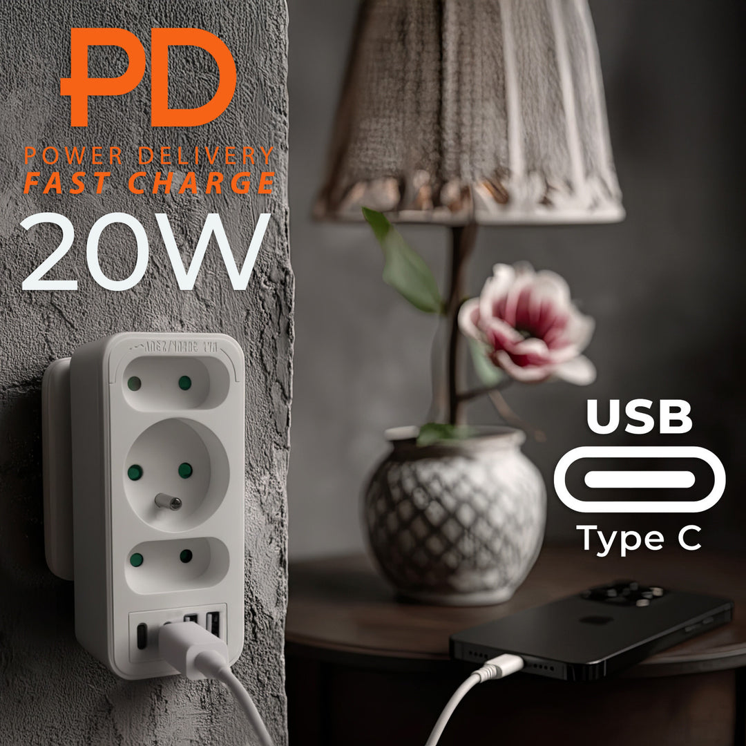 Gniazdko prądowe x3 + 4xUSB Maclean, rozgałęźnik z 3 gniazdami, 2xUSB A, 2xUSB C PD 20W, 1x16A + 2x6A, MCE248 F/W, 3 sztuki