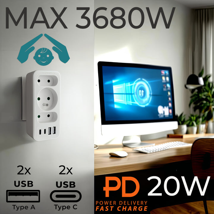 Gniazdko prądowe x3 + 4xUSB Maclean, rozgałęźnik z 3 gniazdami, 2xUSB A, 2xUSB C PD 20W, 1x16A + 2x6A, MCE248 F/W, 3 sztuki