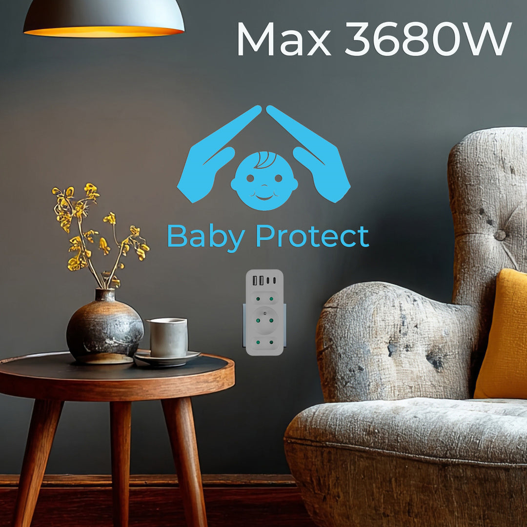 Gniazdko prądowe x3 + 4xUSB Maclean, rozgałęźnik z 3 gniazdami, 2xUSB A, 2xUSB C PD 20W, 1x16A + 2x6A, MCE248 F/W, 3 sztuki