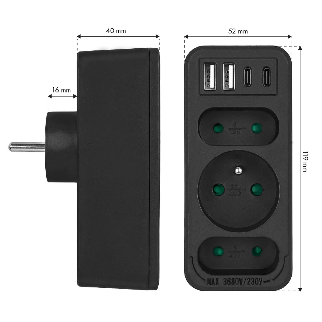 Gniazdko prądowe x3 + 4xUSB Maclean, rozgałęźnik z 3 gniazdami, 2xUSB A, 2xUSB C PD 20W, 1x16A + 2x6A, MCE248 F/B, 2 sztuki