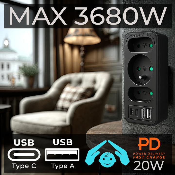 Gniazdko prądowe x3 + 4xUSB Maclean, rozgałęźnik z 3 gniazdami, 2xUSB A, 2xUSB C PD 20W, 1x16A + 2x6A, MCE248 F/B, 2 sztuki