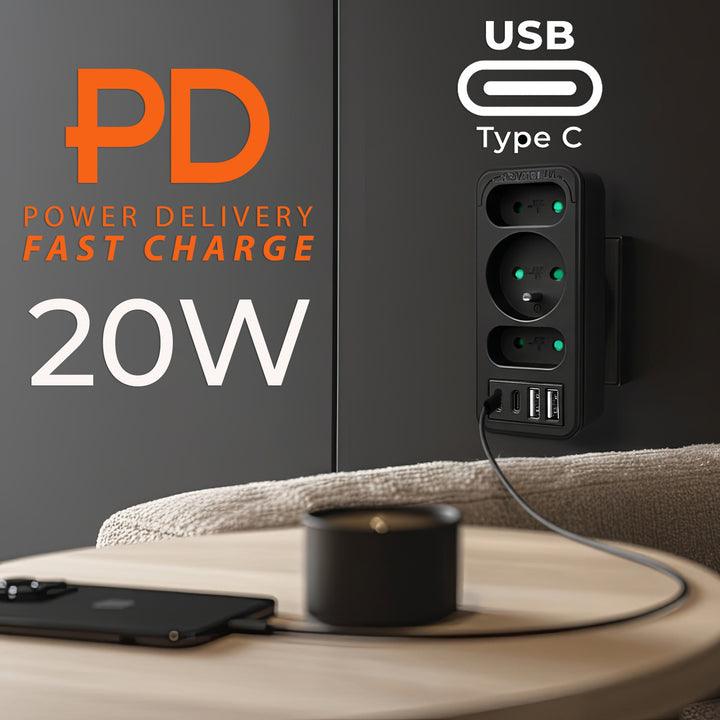 Gniazdko prądowe x3 + 4xUSB Maclean, rozgałęźnik z 3 gniazdami, 2xUSB A, 2xUSB C PD 20W, 1x16A + 2x6A, MCE248 F/B, 2 sztuki