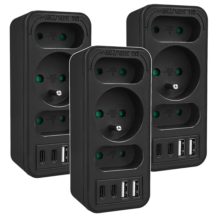 Gniazdko prądowe x3 + 4xUSB Maclean, rozgałęźnik z 3 gniazdami, 2xUSB A, 2xUSB C PD 20W, 1x16A + 2x6A, MCE248 F/B, 3 sztuki