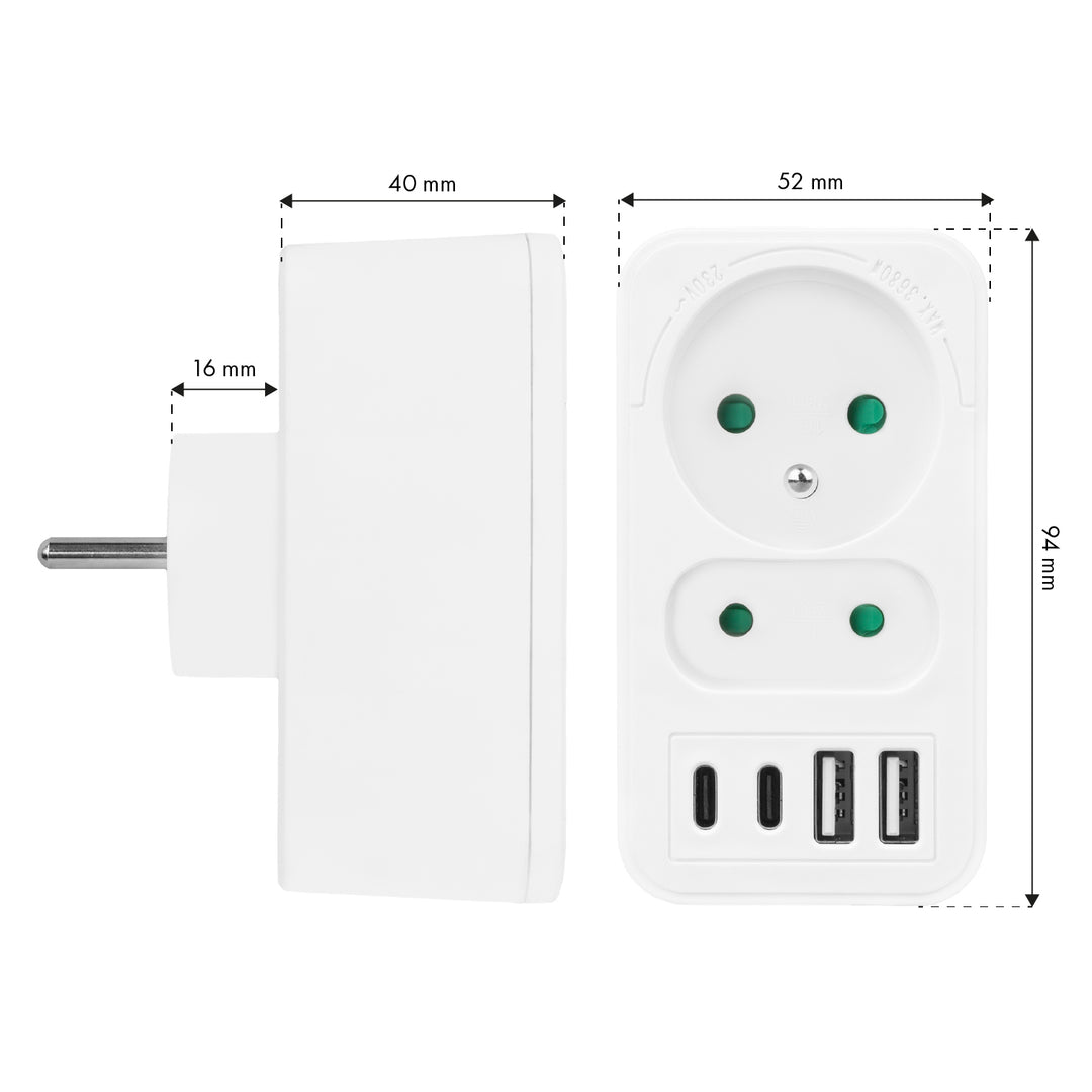 Gniazdko prądowe x2 + 4xUSB Maclean, rozgałęźnik z 2 gniazdami, 2xUSB A, 2xUSB C PD 20W, 1x16A + 1x6A, MCE249 F/W, 3 sztuki
