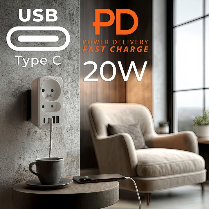 Gniazdko prądowe x2 + 4xUSB Maclean, rozgałęźnik z 2 gniazdami, 2xUSB A, 2xUSB C PD 20W, 1x16A + 1x6A, MCE249 F/W, 3 sztuki