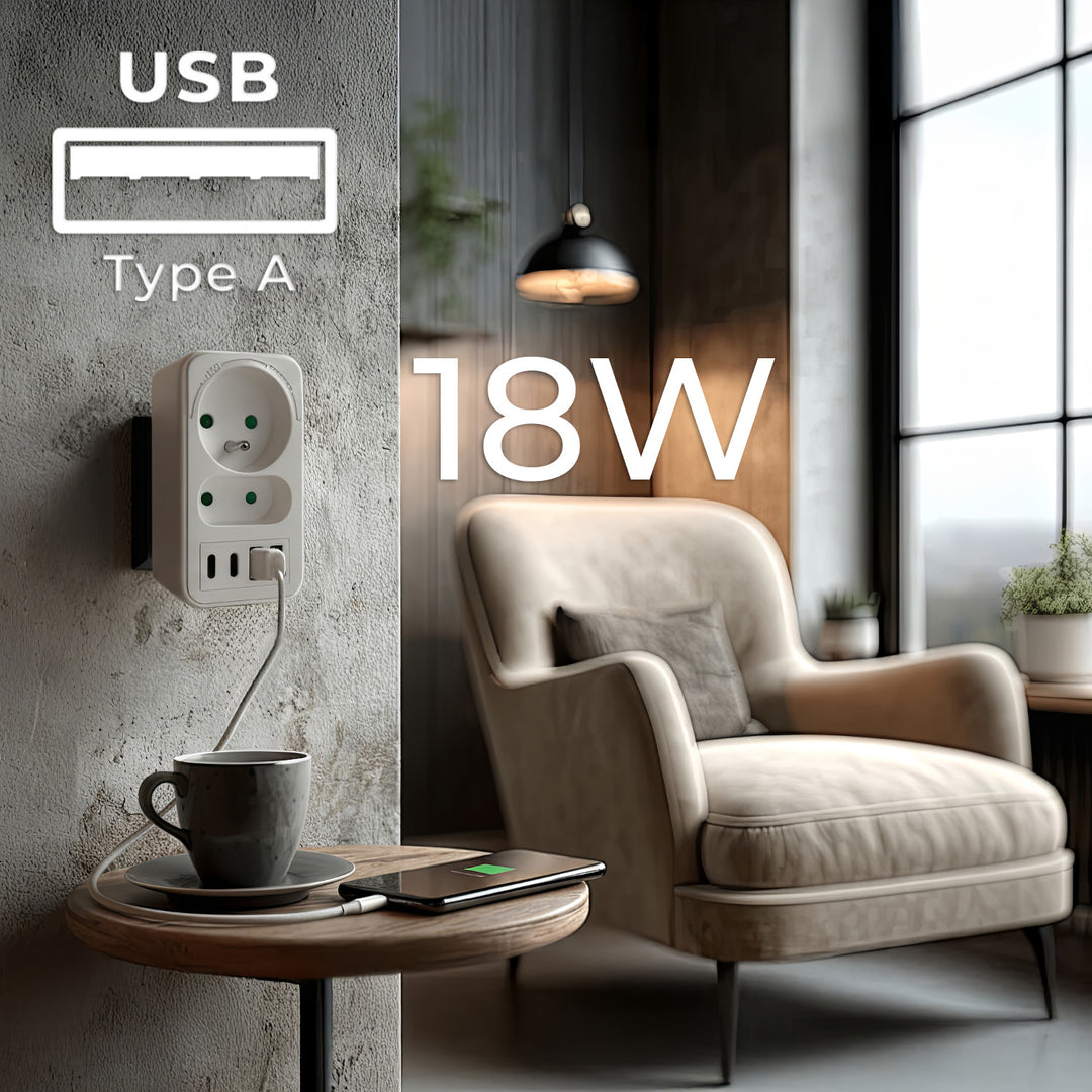 Gniazdko prądowe x2 + 4xUSB Maclean, rozgałęźnik z 2 gniazdami, 2xUSB A, 2xUSB C PD 20W, 1x16A + 1x6A, MCE249 F/W, 3 sztuki