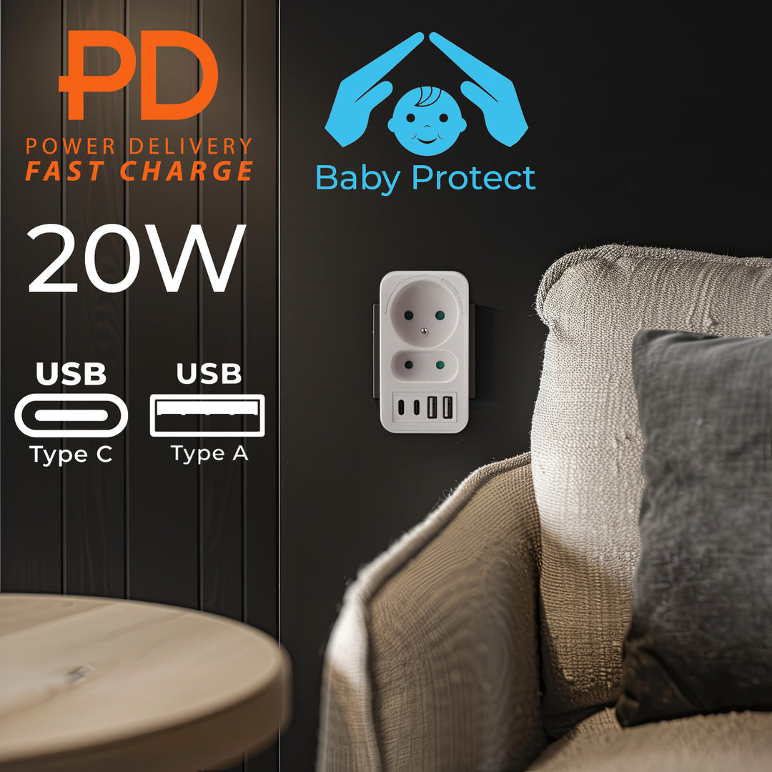 Gniazdko prądowe x2 + 4xUSB Maclean, rozgałęźnik z 2 gniazdami, 2xUSB A, 2xUSB C PD 20W, 1x16A + 1x6A, MCE249 F/W, 3 sztuki