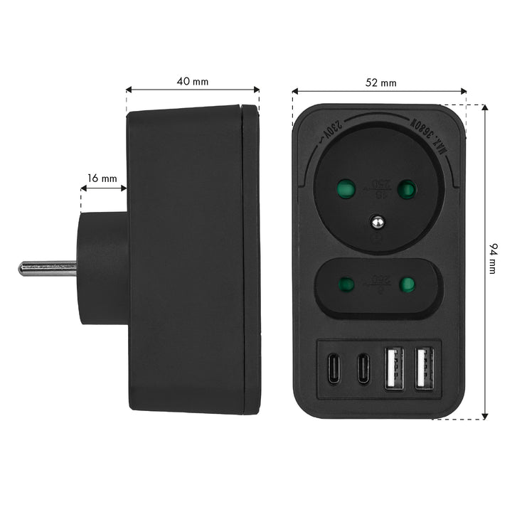 Gniazdko prądowe x2 + 4xUSB Maclean, rozgałęźnik z 2 gniazdami, 2xUSB A, 2xUSB C PD 20W, 1x16A + 1x6A, MCE249 F/B, 3 sztuki