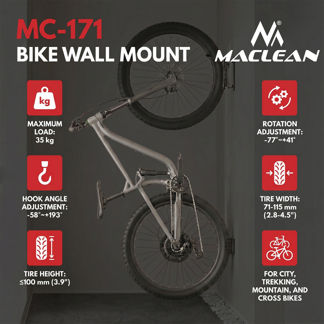 Rowerowy uchwyt / wieszak ścienny Maclean, max. obciążenie 35kg, regulacja kąta pochylenia, stal, MC-171
