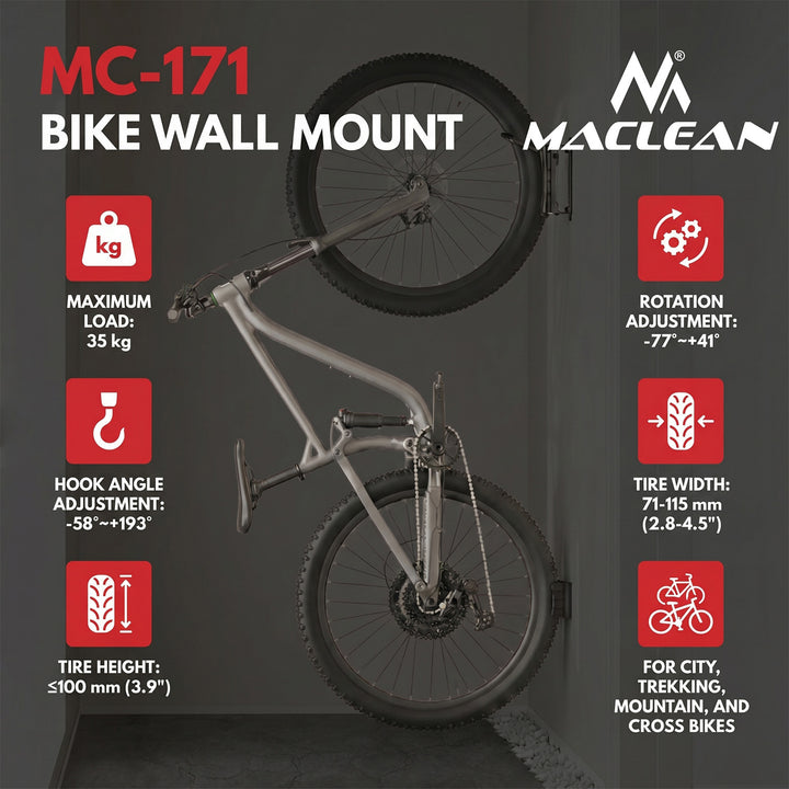Rowerowy uchwyt / wieszak ścienny Maclean, max. obciążenie 35kg, regulacja kąta pochylenia, stal, MC-171