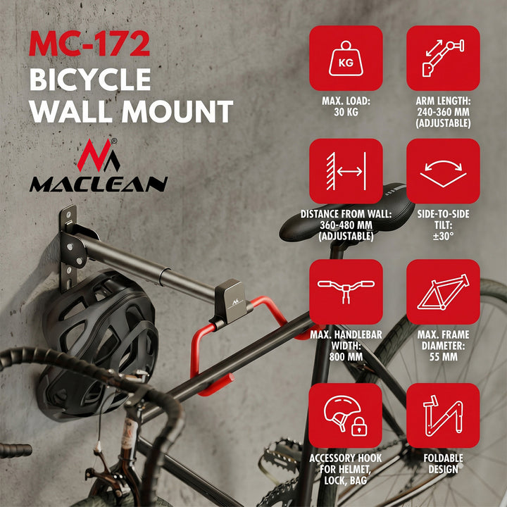 Rowerowy uchwyt / wieszak ścienny Maclean, poziomy, stal, max. obciążenie 30kg, regulacja kąta, MC-172