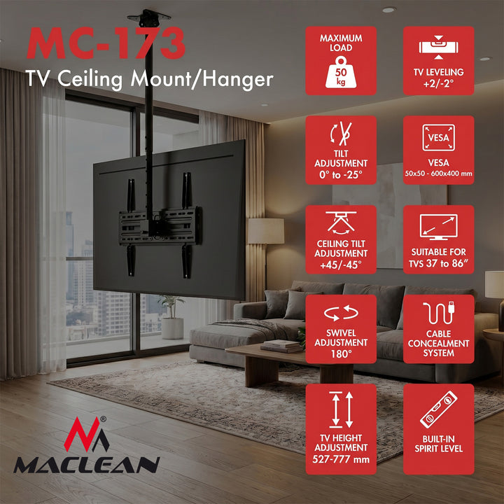 Uchwyt / wieszak sufitowy dla TV Maclean, max. obciążenie 50kg, 37-86", max VESA 600x400, MC-173