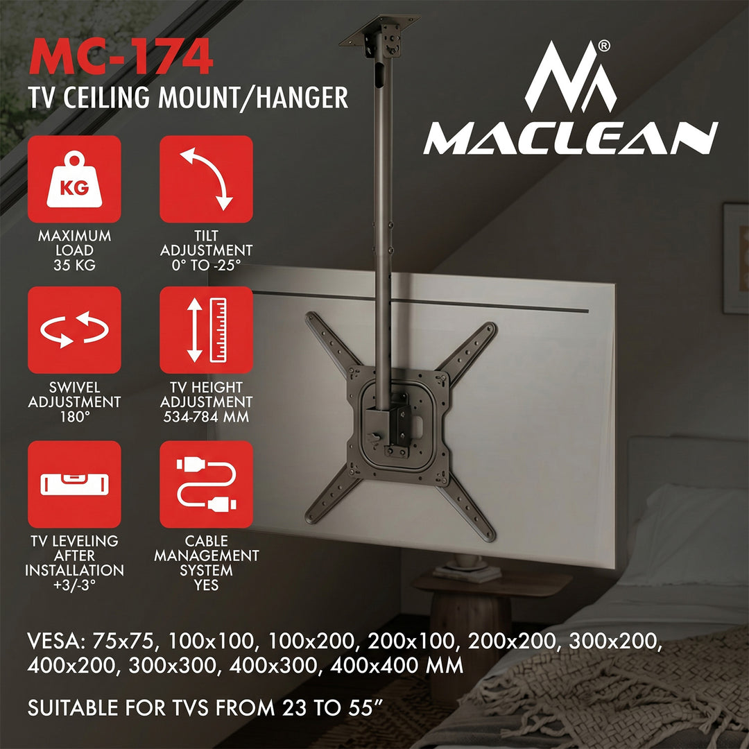 Uchwyt / wieszak sufitowy dla TV Maclean, max. obciążenie 35kg, 23-55", max VESA 400x400, MC-174
