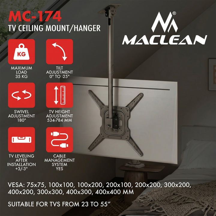 Uchwyt / wieszak sufitowy dla TV Maclean, max. obciążenie 35kg, 23-55", max VESA 400x400, MC-174