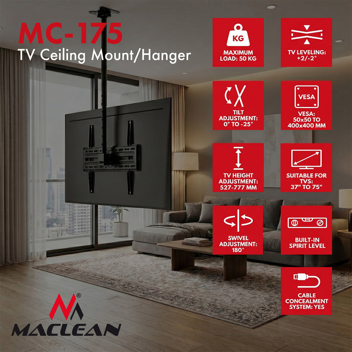 Uchwyt / wieszak sufitowy dla TV Maclean, max. obciążenie 50kg, 37-75", max VESA 400x400, MC-175