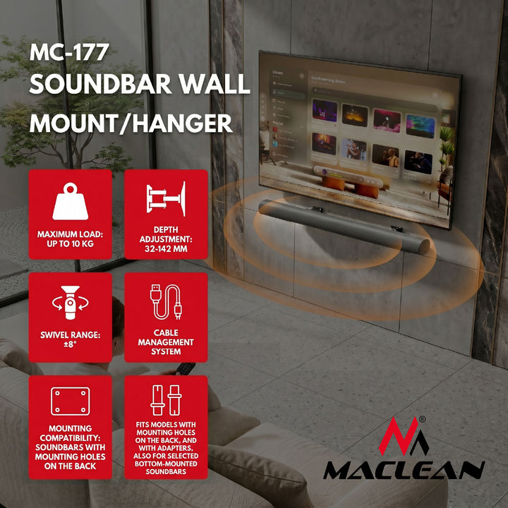 Uchwyt / wieszak ścienny na soundbar Maclean, reg. kąta +8°~-8°, max. obciążenie 10kg, wyk. ze stali, MC-177