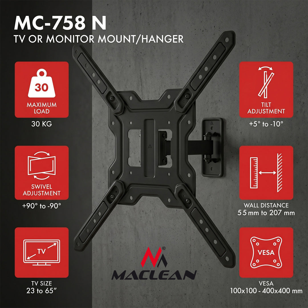 Uchwyt / wieszak do TV lub monitora Maclean, max. 23-65", max. obciążenie 30kg, uniwersalny, max. VESA 400x400, MC-758 N
