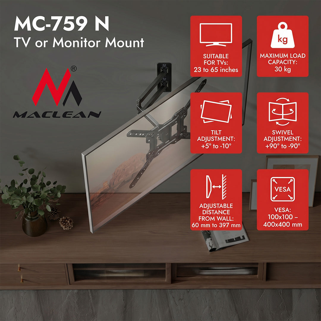 Uchwyt / wieszak do TV lub monitora Maclean, max. 23-65", max. obciążenie 30kg, uniwersalny, max. VESA 400x400, MC-759 N