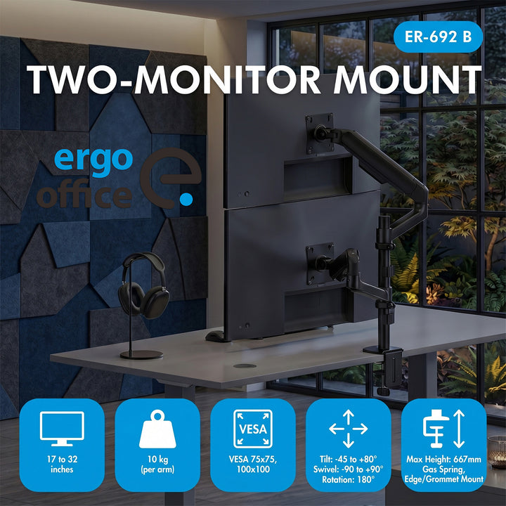 Uchwyt / wieszak na 2 monitory Ergo Office, sprężyna gazowa, 17"-32", 1-10kg, czarny mat, ER-692 B
