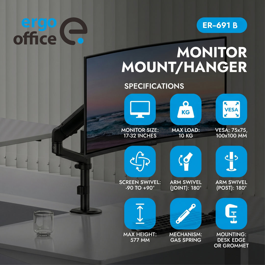 Uchwyt / wieszak na monitor Ergo Office, sprężyna gazowa, 17"-32", 1-10kg, czarny mat, max. VESA 100x100, ER-691 B