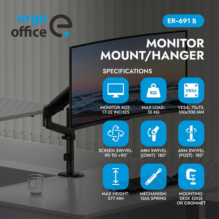 Uchwyt / wieszak na monitor Ergo Office, sprężyna gazowa, 17"-32", 1-10kg, czarny mat, max. VESA 100x100, ER-691 B
