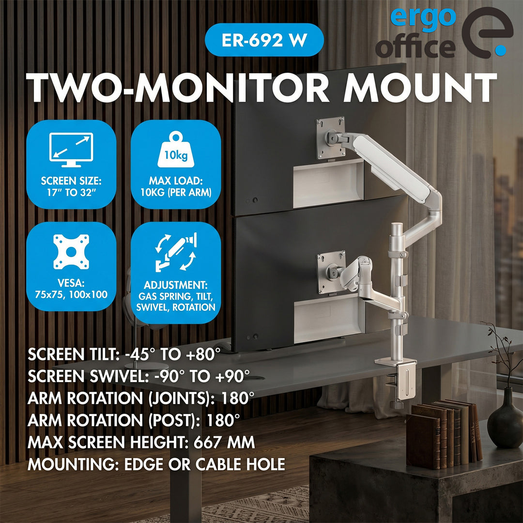 Uchwyt / wieszak na 2 monitory Ergo Office, sprężyna gazowa, 17"-32", 1-10kg, biały mat, ER-692 W