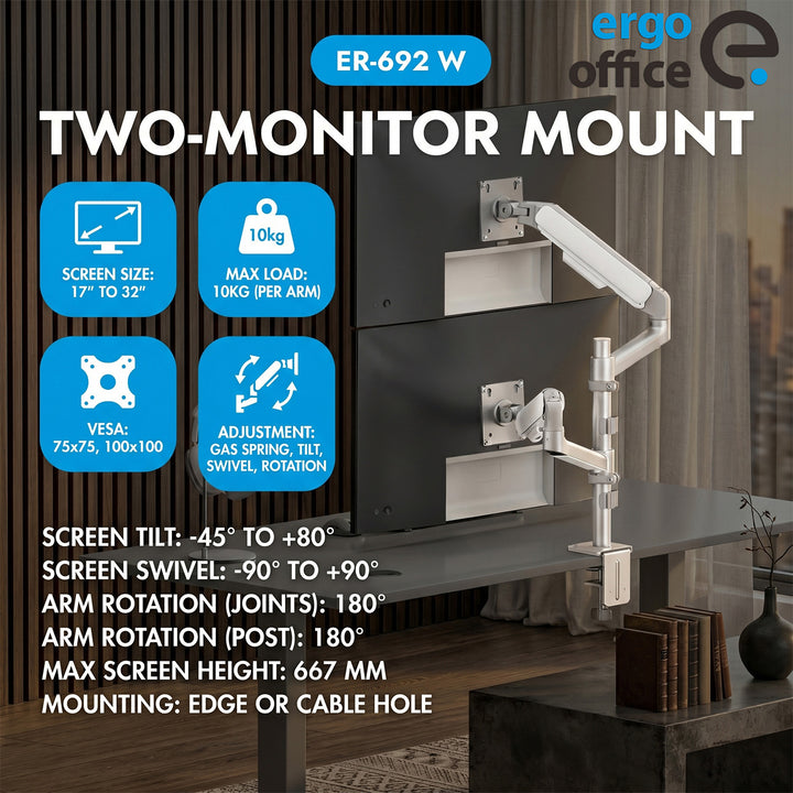 Uchwyt / wieszak na 2 monitory Ergo Office, sprężyna gazowa, 17"-32", 1-10kg, biały mat, ER-692 W