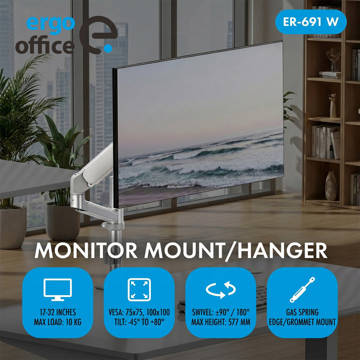 Uchwyt / wieszak na monitor Ergo Office, sprężyna gazowa, 17"-32", 1-10kg, biały mat, max. VESA 100x100, ER-691 W