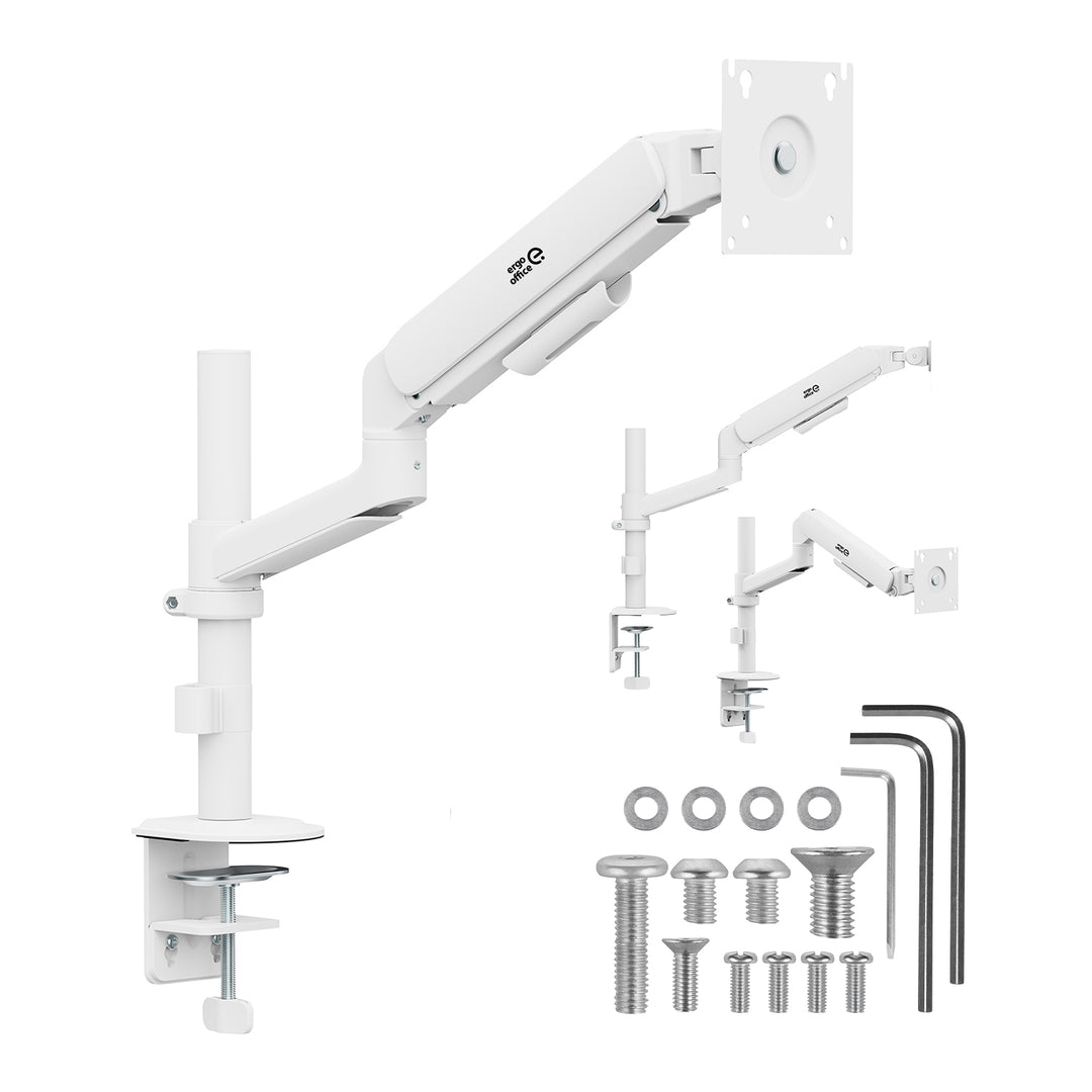 Uchwyt / wieszak na monitor Ergo Office, sprężyna gazowa, 17"-32", 1-10kg, biały mat, max. VESA 100x100, ER-691 W