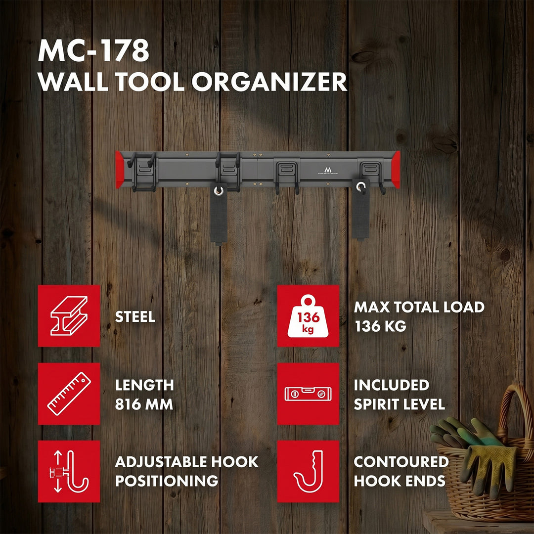 Ścienny organizer na narzędzia Maclean, stalowy, max. obciążenie 136kg, szerokość 816mm, MC-178