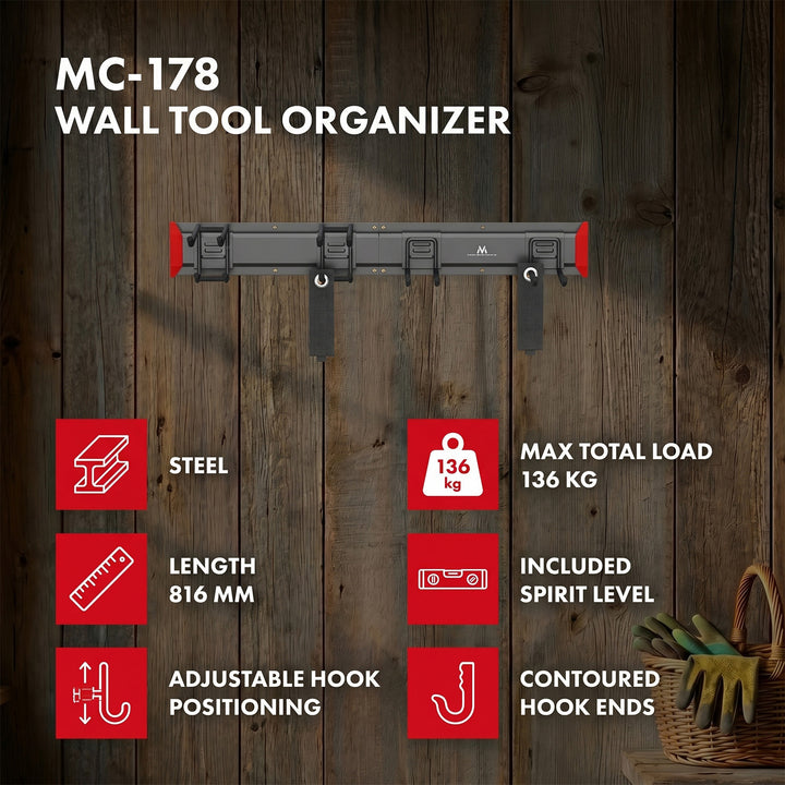Ścienny organizer na narzędzia Maclean, stalowy, max. obciążenie 136kg, szerokość 816mm, MC-178