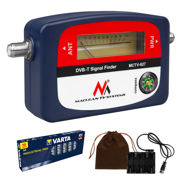 Miernik telewizyjny DVB-T Maclean, etui, kabel 25 cm F-F, MCTV-627 + 10x bateria AA Varta Industrial
