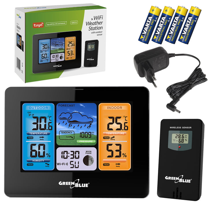 Stacja pogodowa WiFi GreenBlue, zgodna z TUYA, czujnik zewnętrzny, kalendarz, prognoza pogody, barometr, zasilacz, baterie, GB215