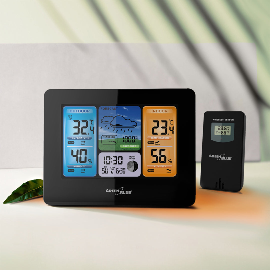 Stacja pogody bezprzewodowa GreenBlue, kolorowa, z systemem DCF, fazy księżyca, zasilacz, baterie, GB526